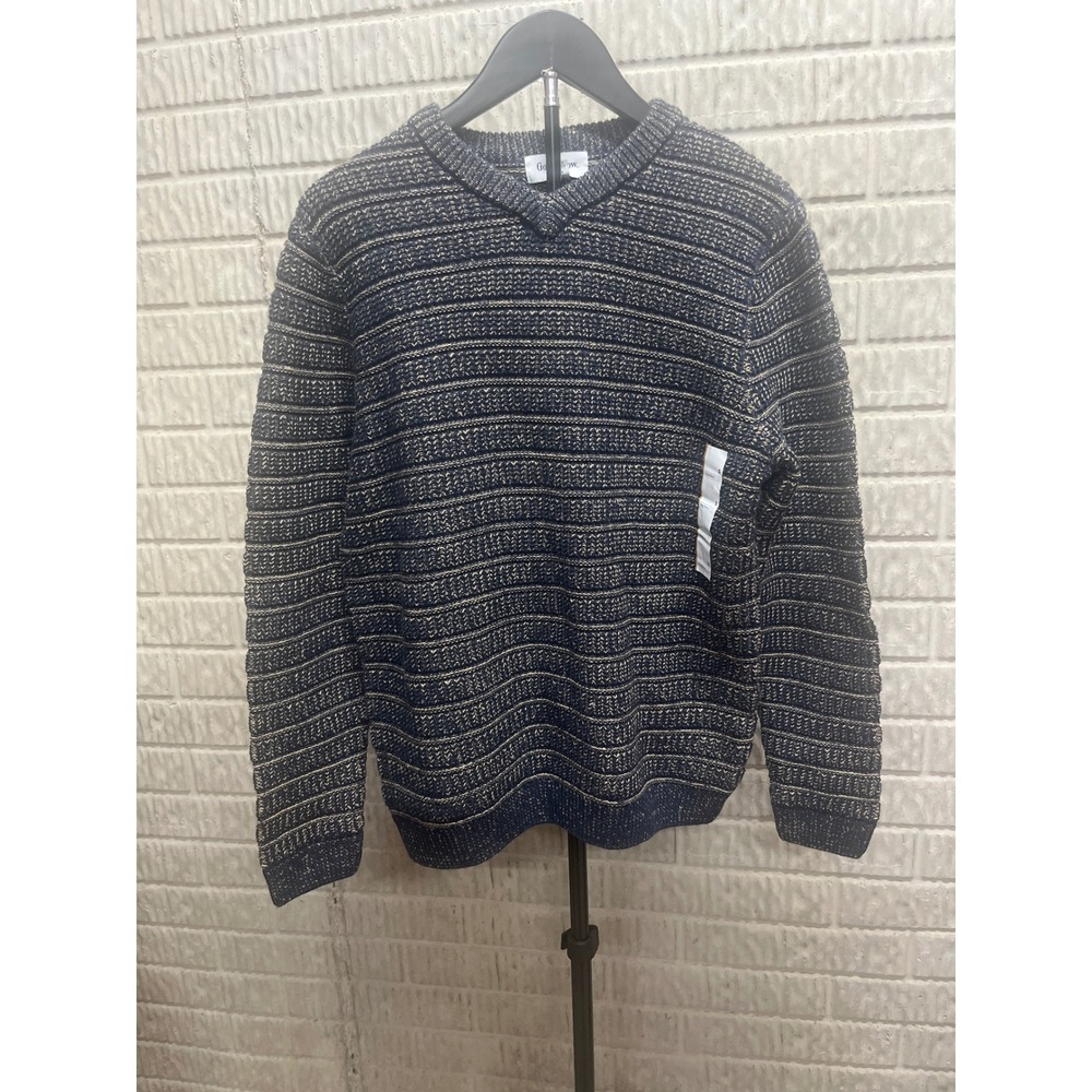 Goodfellow & Co Mens Small Navy Blue Tan Textured Knit Striped Crew Neck Sweater